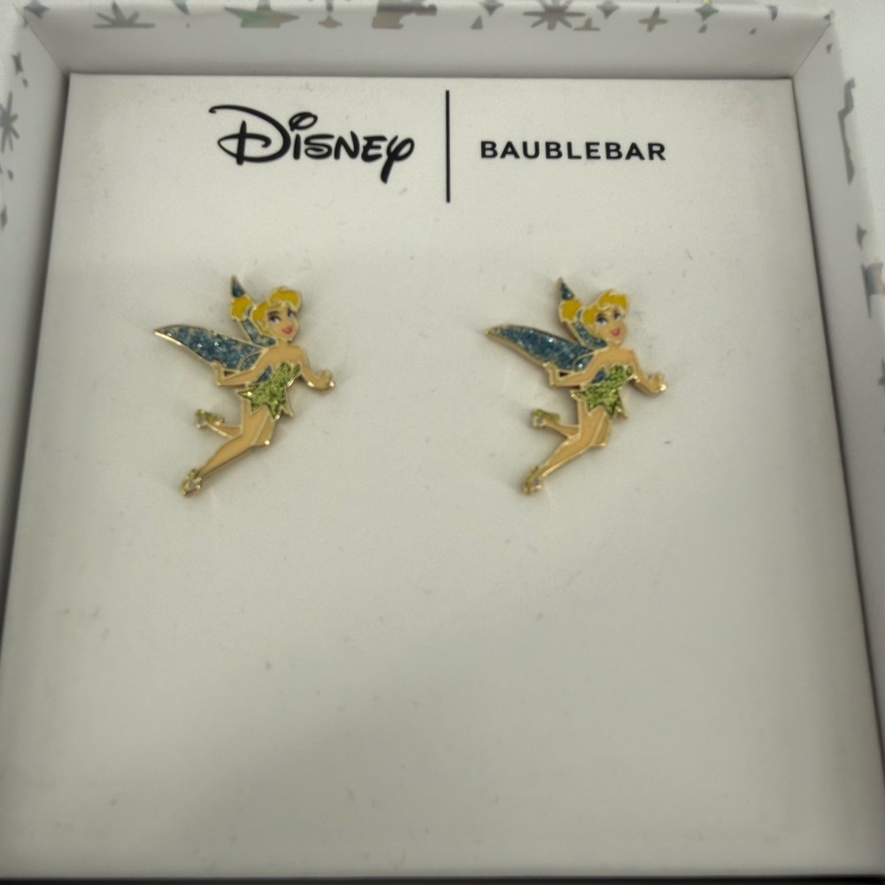BaubleBar Disney Tinker Bell Enamel Glitter Stud Earrings Gold Tone Fairy‎ NEW